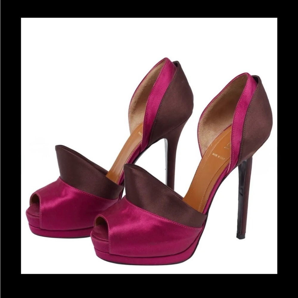 Fendi Fuchsia Pink and Chocolate Brown Satin Peep-Toe Platform Heels